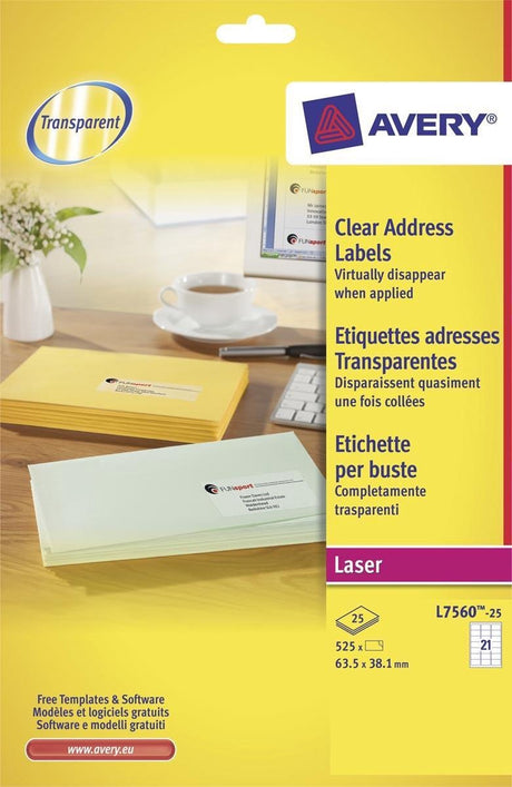 Étiquettes transparentes Avery format quickpeel 635 x 381 mm (l x h) 525 pièces 21 par feuille