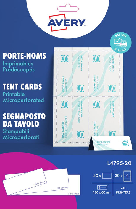 Unbranded sans marque house brand avery l4795-20 carte de tente carte nominative 180x60mm blanc