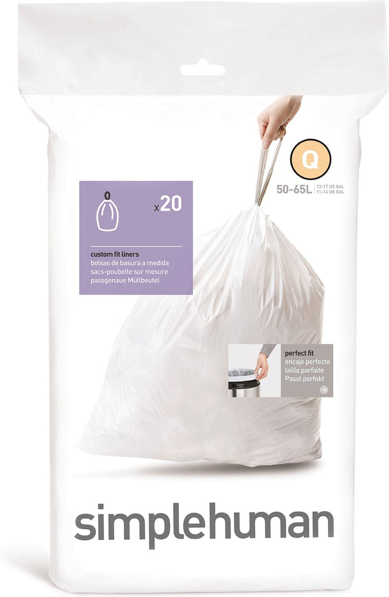 Sacs poubelle Simplehuman code q - 50 litres - 20 pièces - avec cordon de serrage - blanc