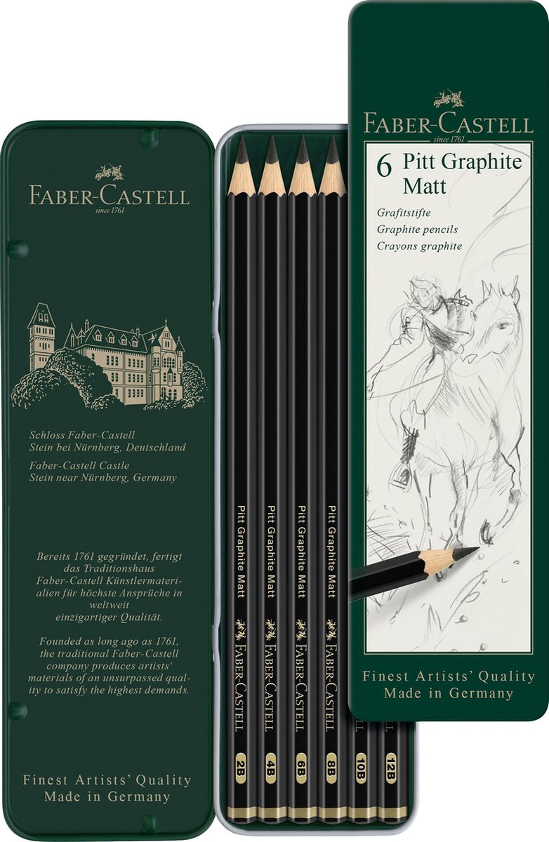 Faber-castell ensemble de crayons graphite - pitt mat - étain 6 pièces - noir mat - fc-115207