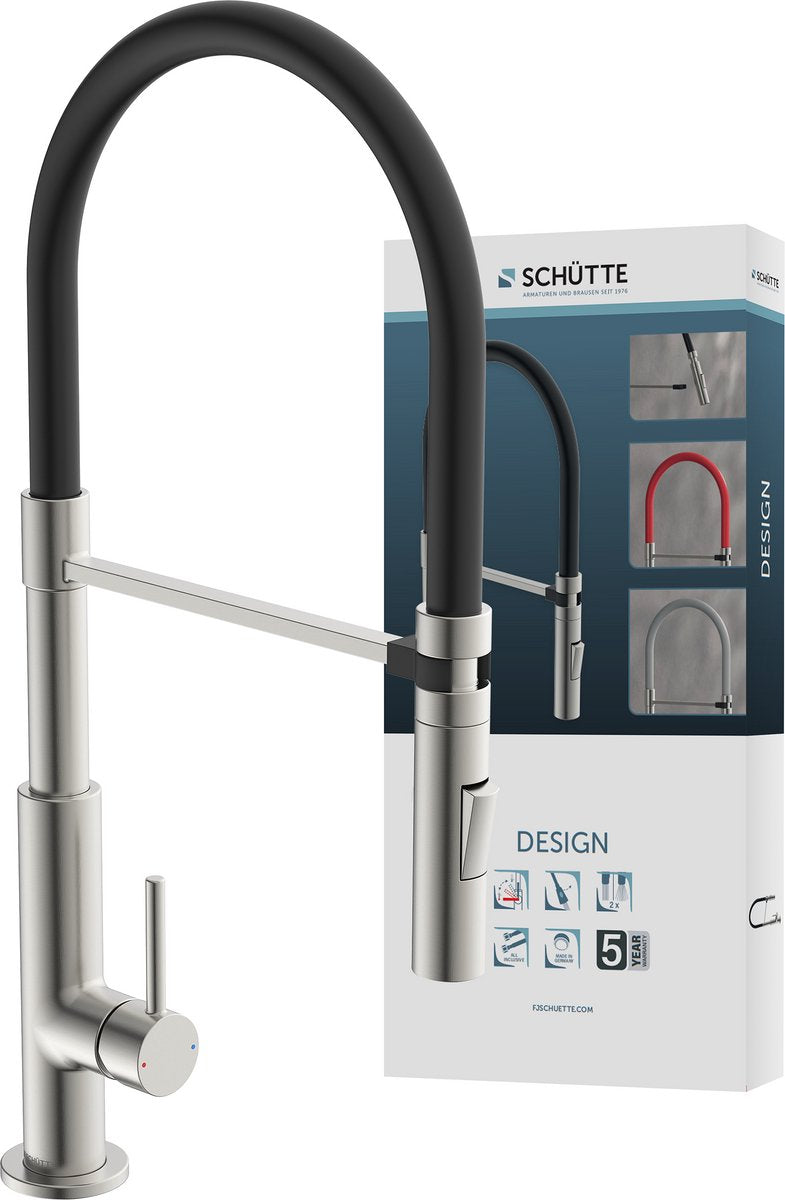 Robinet de cuisine design Schütte - mitigeur - aspect inox noir - aspect inox rouge - aspect inox gris