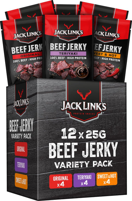 Jack Link's Jack Links Beef Jerky Mix Box - 100 % bœuf de qualité supérieure - riche en protéines - Snack au bœuf - pour entre les deux, sur la route ou à la salle de sport - 12 x 25 g