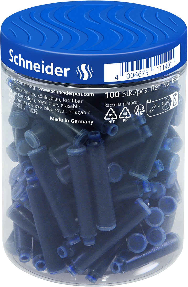 Cartouches d'encre Schneider pour instruments d'écriture Schneider - contenant de 100 pièces - bleu royal - s-6803