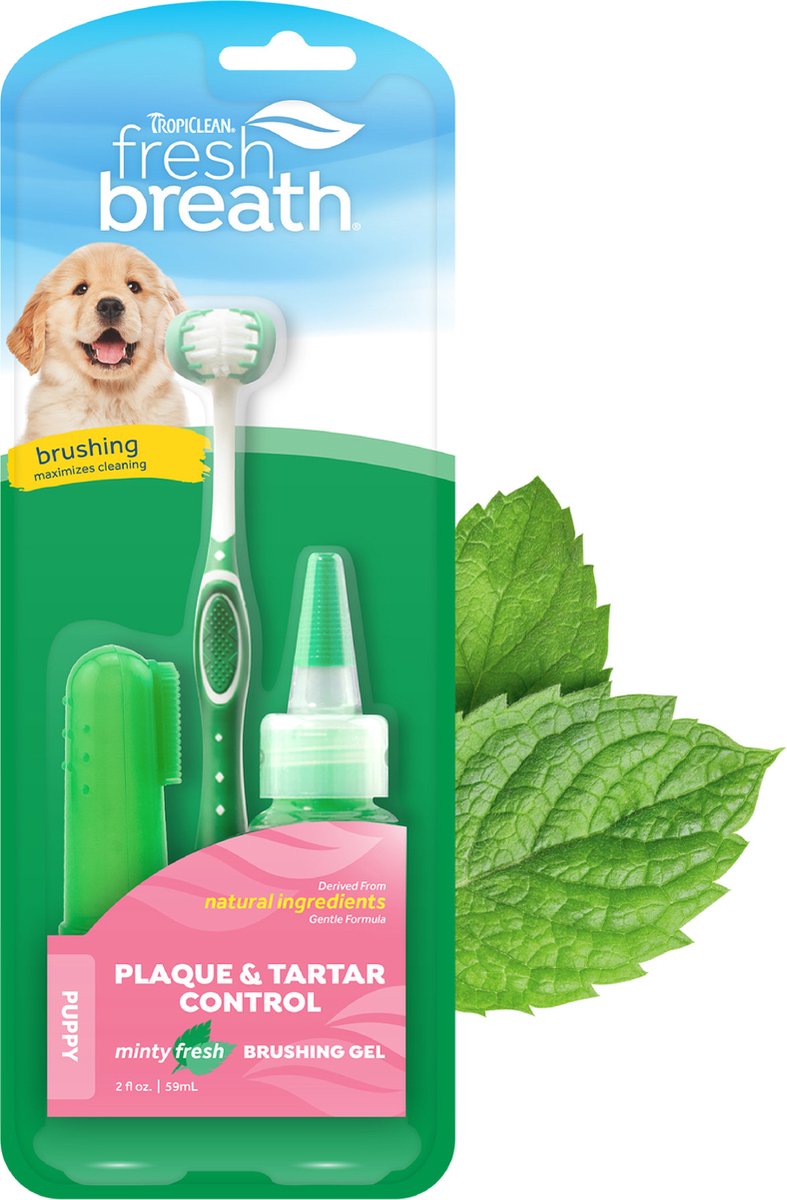 Gel dentaire pour chiot Tropiclean avec brosse à dents - kit dents propres - 59 ml