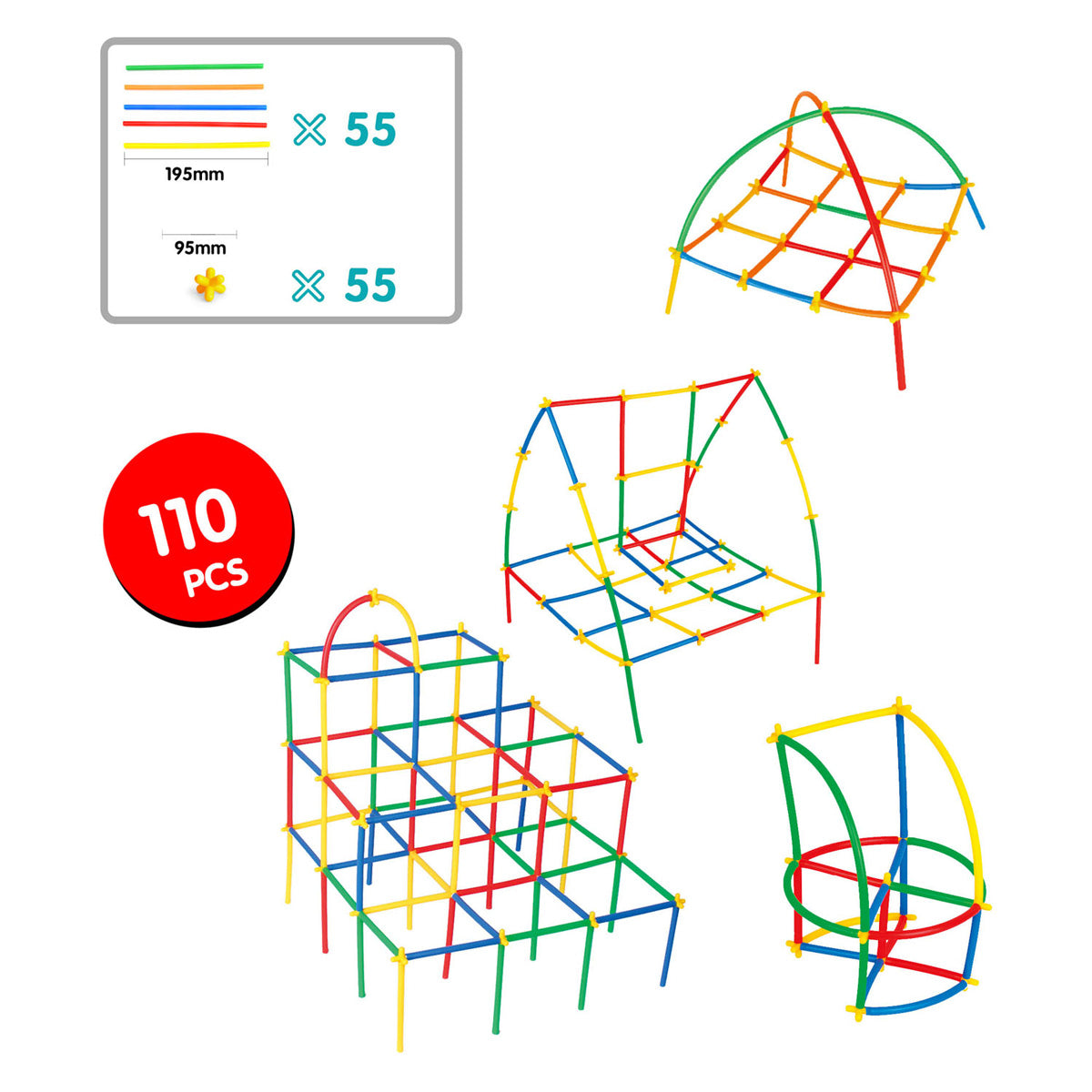 Jouets Lobbes, par exemple Jeu de construction de tiges de construction Lobbes Jouets colorés de 110 pièces.