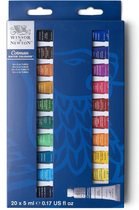 Winsor Newton 0390665 Cotman Kit de peinture aquarelle – Kit débutant 20 x 5 ml – Couleurs aquarelles essentielles avec pigments de haute qualité