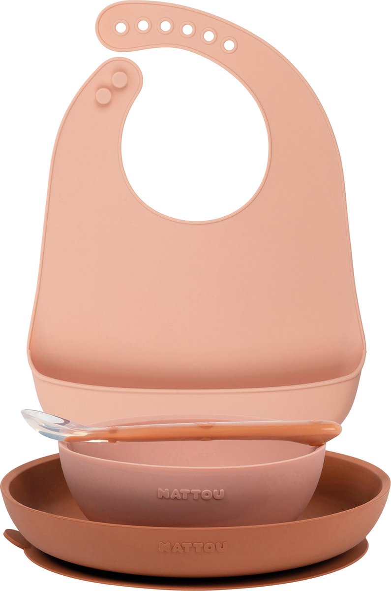 Nattou siliconen 4-delig servies set met bavet voor kinderen - bord + kom + lepel - roze