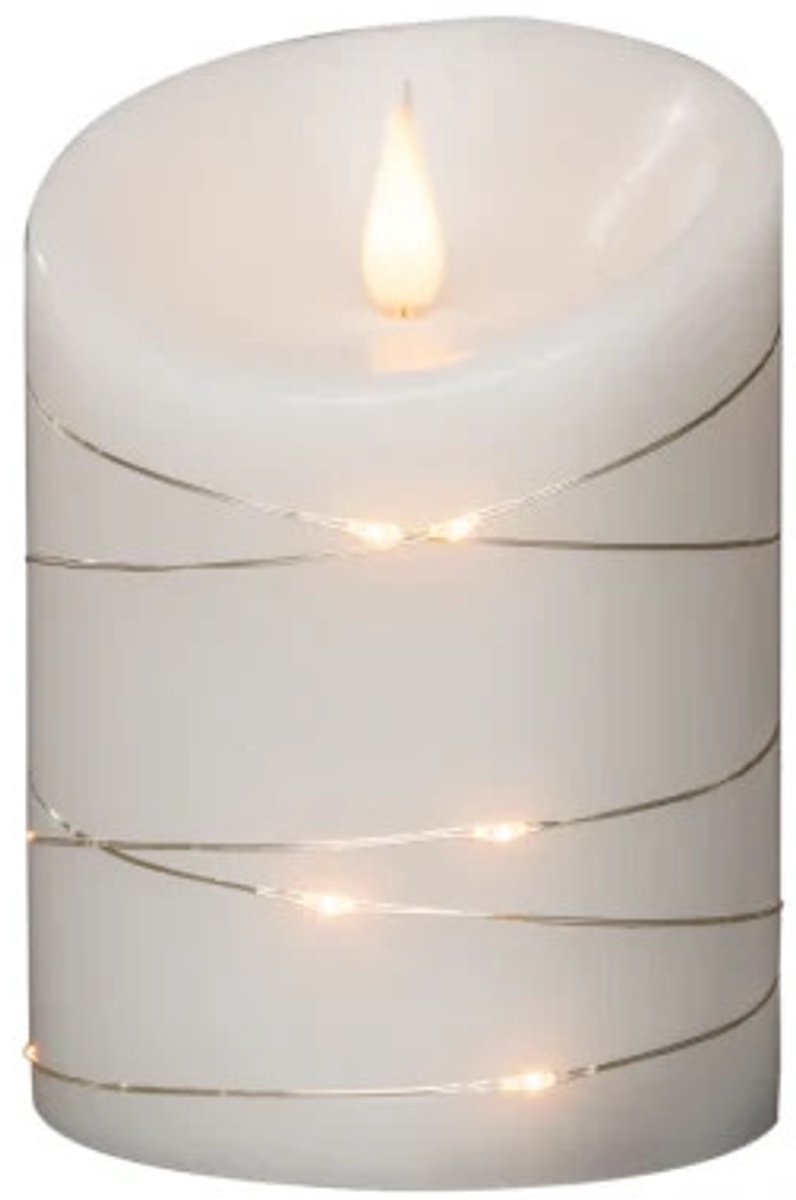 Konstsmide 1844-190 - Bougie LED avec lumière vivante flamme 3D - enveloppée de 16 lampes micro LED fil métallique argenté - avec minuterie 4-8 heures - sur batterie - pour l'intérieur - blanc chaud