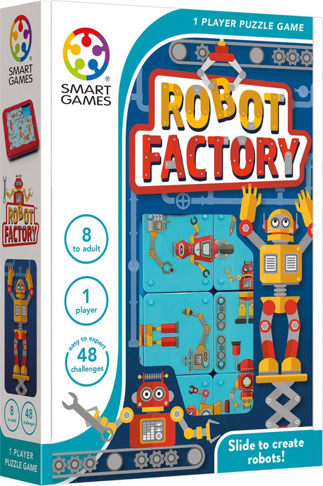 Smartgames robot factory - jeu de réflexion compact et coulissant - 48 défis robotiques éducatifs - jeu de voyage jeu solo - à partir de 8 ans