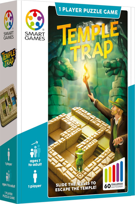 Smartgames Temple Trap - Jeu de réflexion compact et coulissant - 60 défis de labyrinthe éducatif - Jeu de voyage jeu solo - à partir de 7 ans