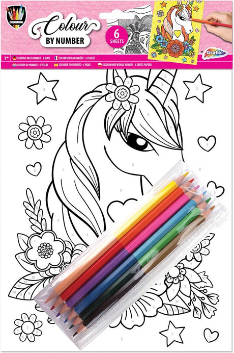 Feuille de coloriage Grafix par numéro 6 : licorne - coloriages avec crayons de couleur - coloriage par numéro pour adultes - livre de coloriage