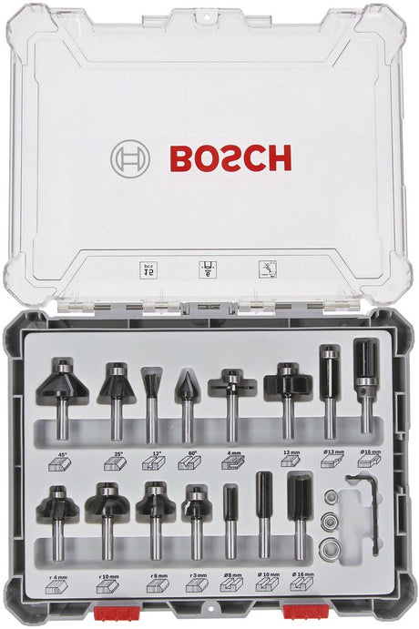 Accessoires Bosch jeu de fraises mixtes 15 pièces - diamètre de tige 6 mm - 2607017471