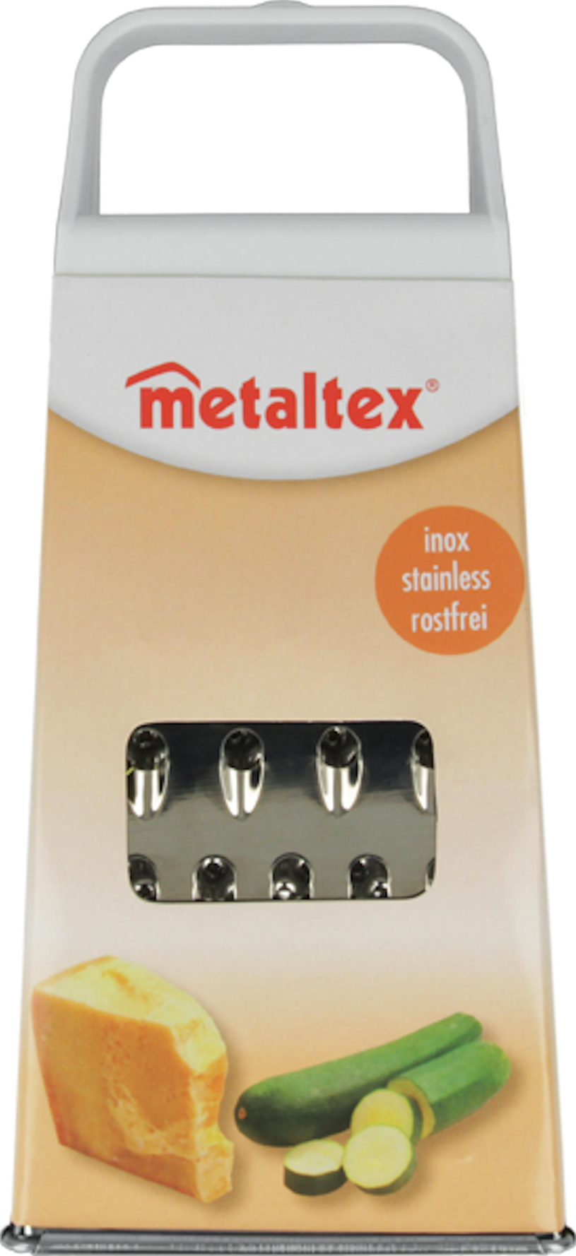 Râpe à main en acier inoxydable Metaltex 4 côtés - fine, grossière, moyenne et tranches - râpe de cuisine avec poignée robuste