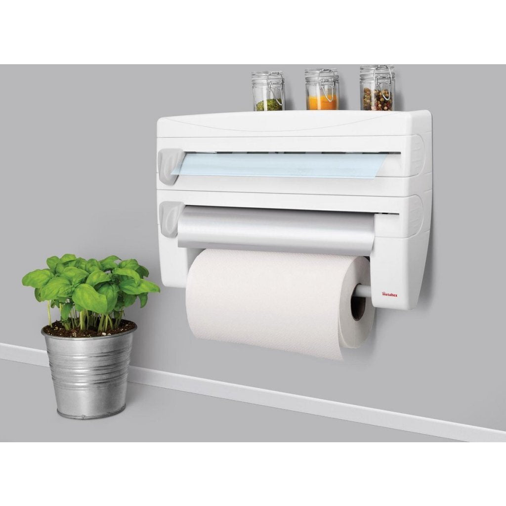 Support de rouleau de cuisine metaltex avec aide à la coupe blanche