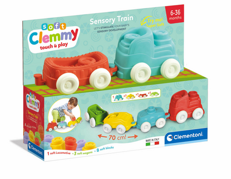 Clementoni baby - train sensoriel Clemmy avec blocs souples, 12 pièces.