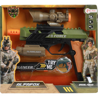 Pistolet militaire Alfafox Toi-toys avec silencieux + lampe de poche + lumière et son