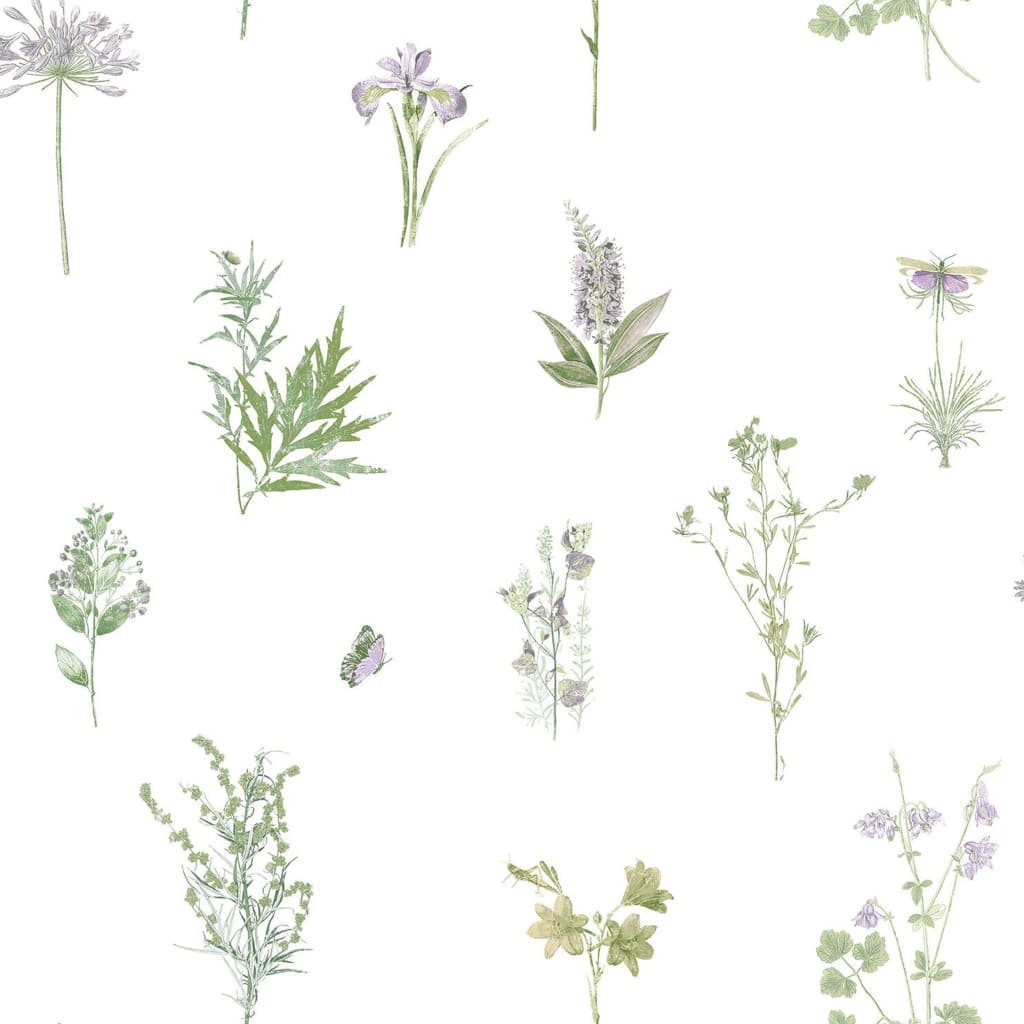 NOORDWAND Fond d'écran d'herbes et de fleurs à feuilles persistantes blanches