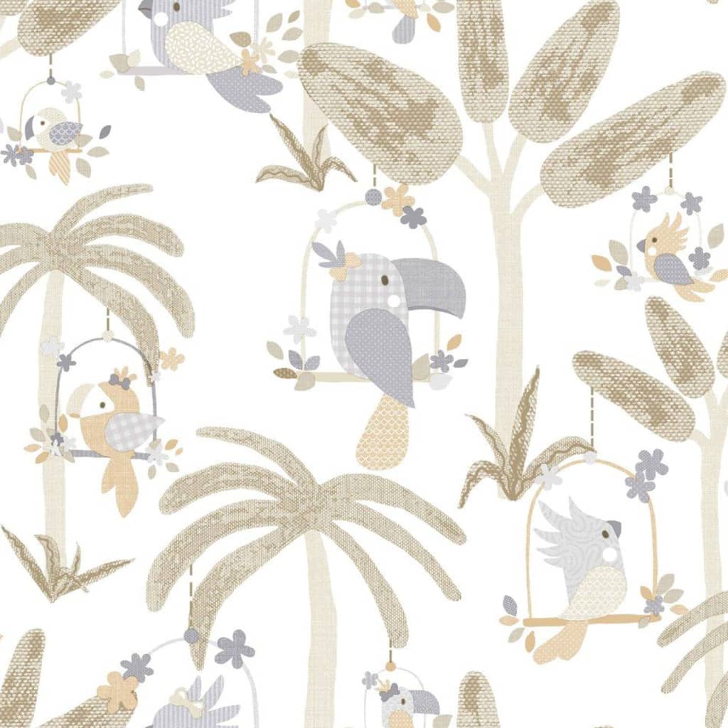 Papier peint mural nord mondo bébé animaux birds arbres blancs et beige