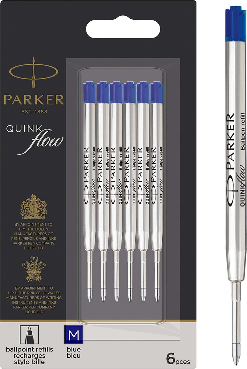 Recharges pour stylo à bille Parker | point moyen | encre bleue quinkflow | pack de valeur | 6 pièces
