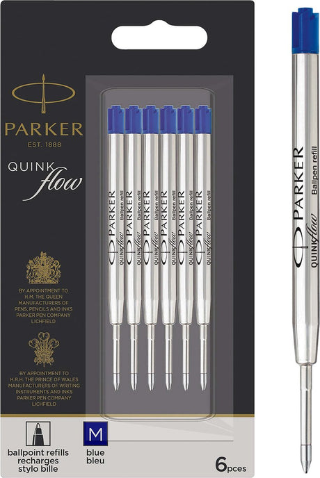 Recharges pour stylo à bille Parker | point moyen | encre bleue quinkflow | pack de valeur | 6 pièces