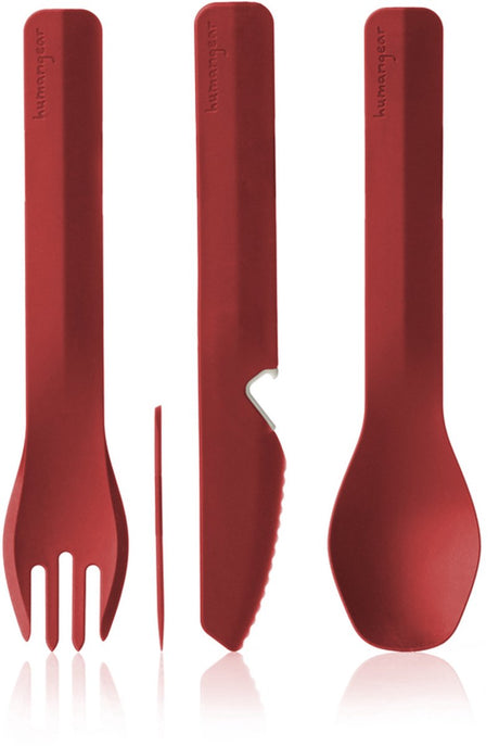 Équipement humain - trio - rouge - couverts - réutilisables - couverts de camping