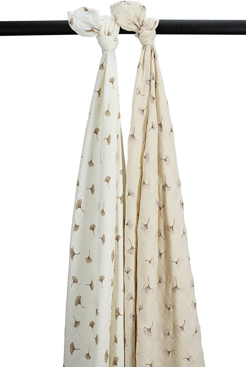 Emmaillotage bébé ginkgo Meyco - paquet de 2 - hydrophile prélavé - sable doux blanc cassé - 120x120cm