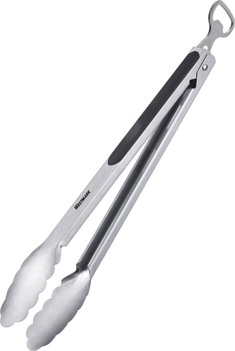 Pince à grill Westmark + pince de service avec décapsuleur, avec extrémités en acier inoxydable et poignées en caoutchouc, longueur : 35 cm, plastique inox, mélange spécial classique, argent noir, 1625227ö