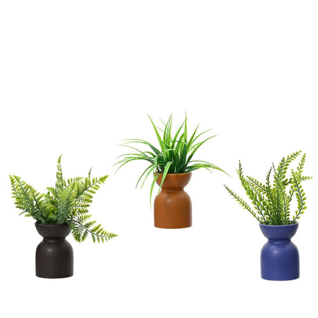 Decoris plante artificielle verte en pot plastique faïence dia8x23cm 3 assortis