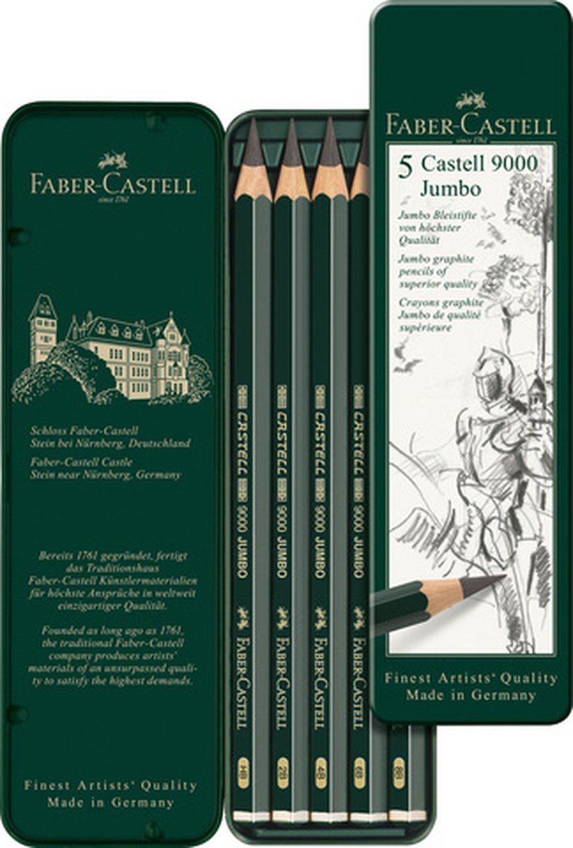 Faber-castell ensemble de crayons graphite - série 9000 jumbo - étui en fer blanc de 5 pièces - fc-119305