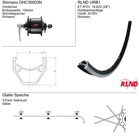 Roland voorwiel 19-622 28 zwart naafdynamo velgrem qr urb1 shimano nexus dh-c3000-3n