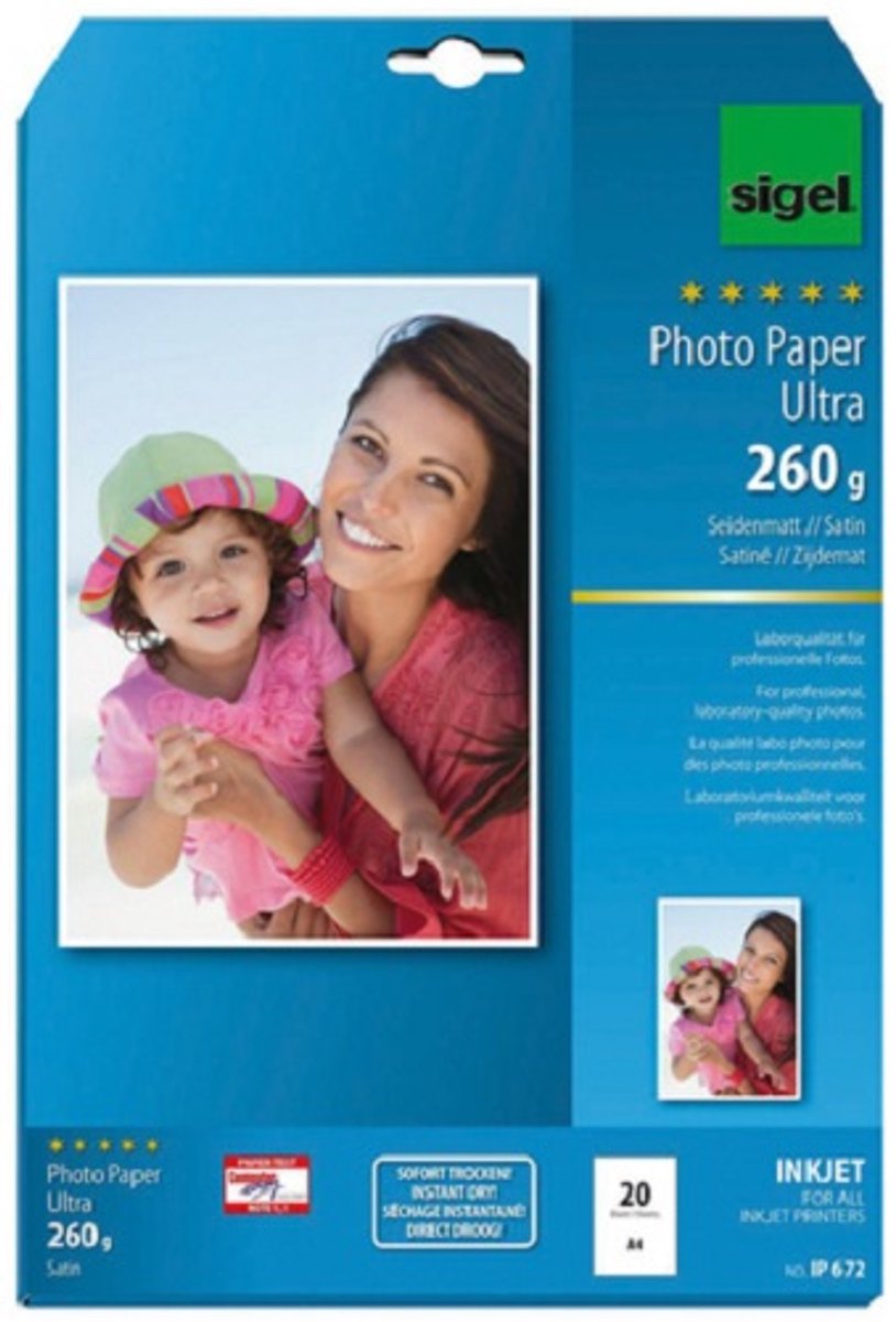 Papier photo jet d'encre Sigel - ultra - a4 - mat soyeux - 260 grammes - 20 feuilles - si-ip672