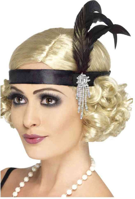 Bandeau Smiffys noir avec plumes | bandeau charleston en satin noir