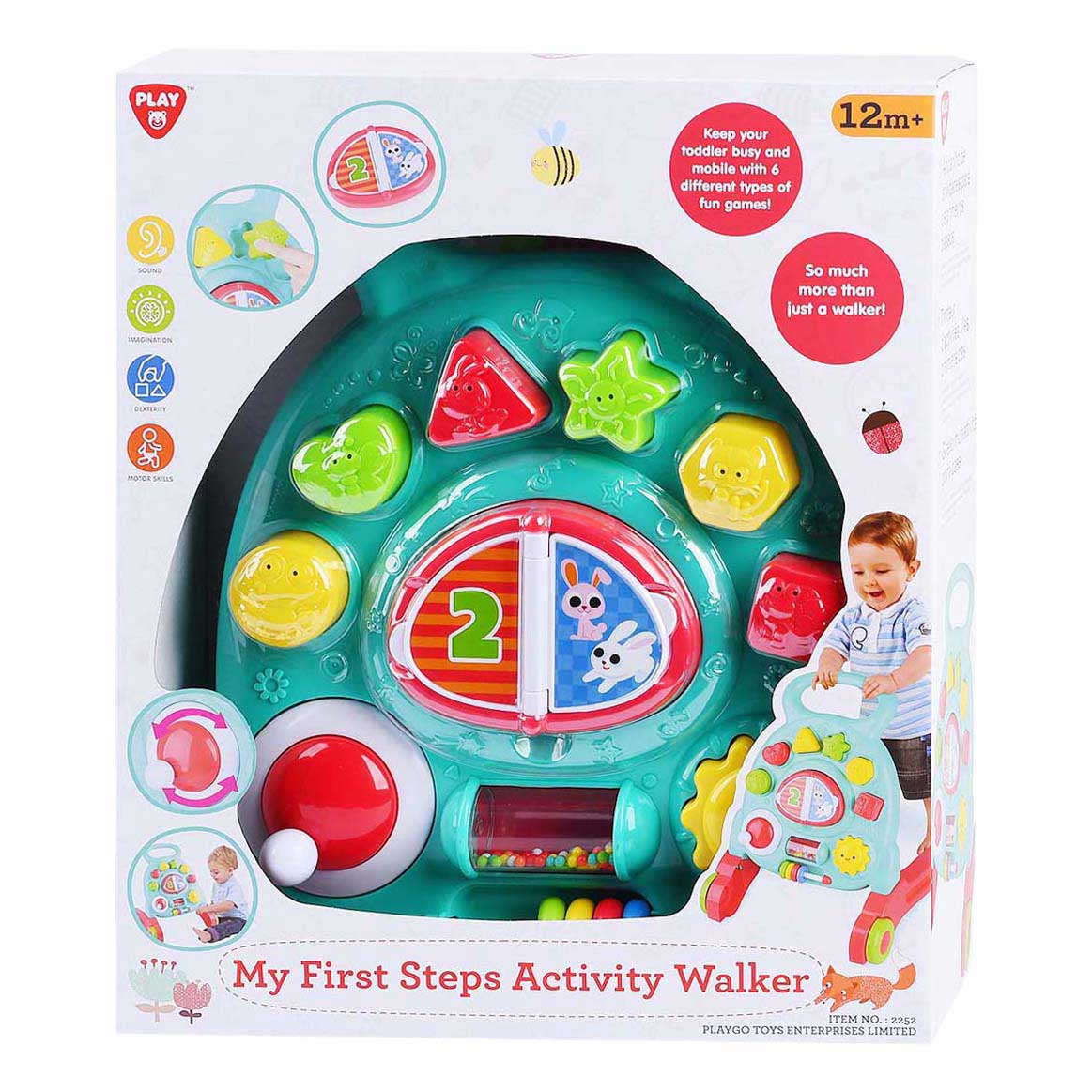 Déambulateur d'activité Playgo en plastique avec panneaux éducatifs.