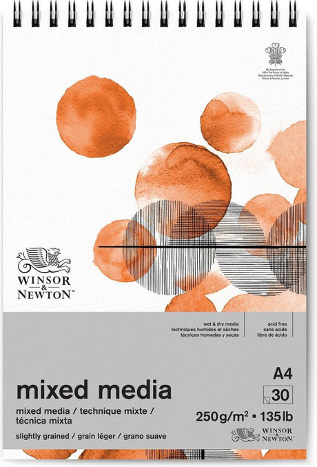 Winsor Newton 6694002 bloc technique mixte – 250 g m², 30 feuilles A4, reliure spirale, pour peinture à l'huile, peinture acrylique et aquarelle - bloc technique mixte