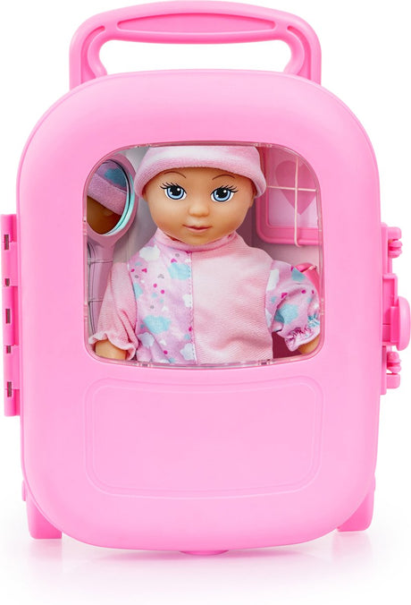 Poupée souple design Bayer, poupée avec chariot et accessoires, coffret de jeu en rose
