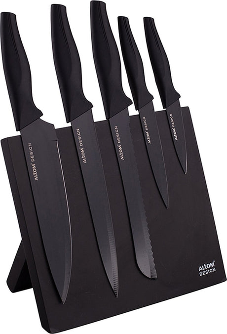 Bloc à couteaux magnétique noir design Altom avec 5 couteaux noirs - poignées ergonomiques - beau design - moderne et élégant - avec 5 couteaux noirs
