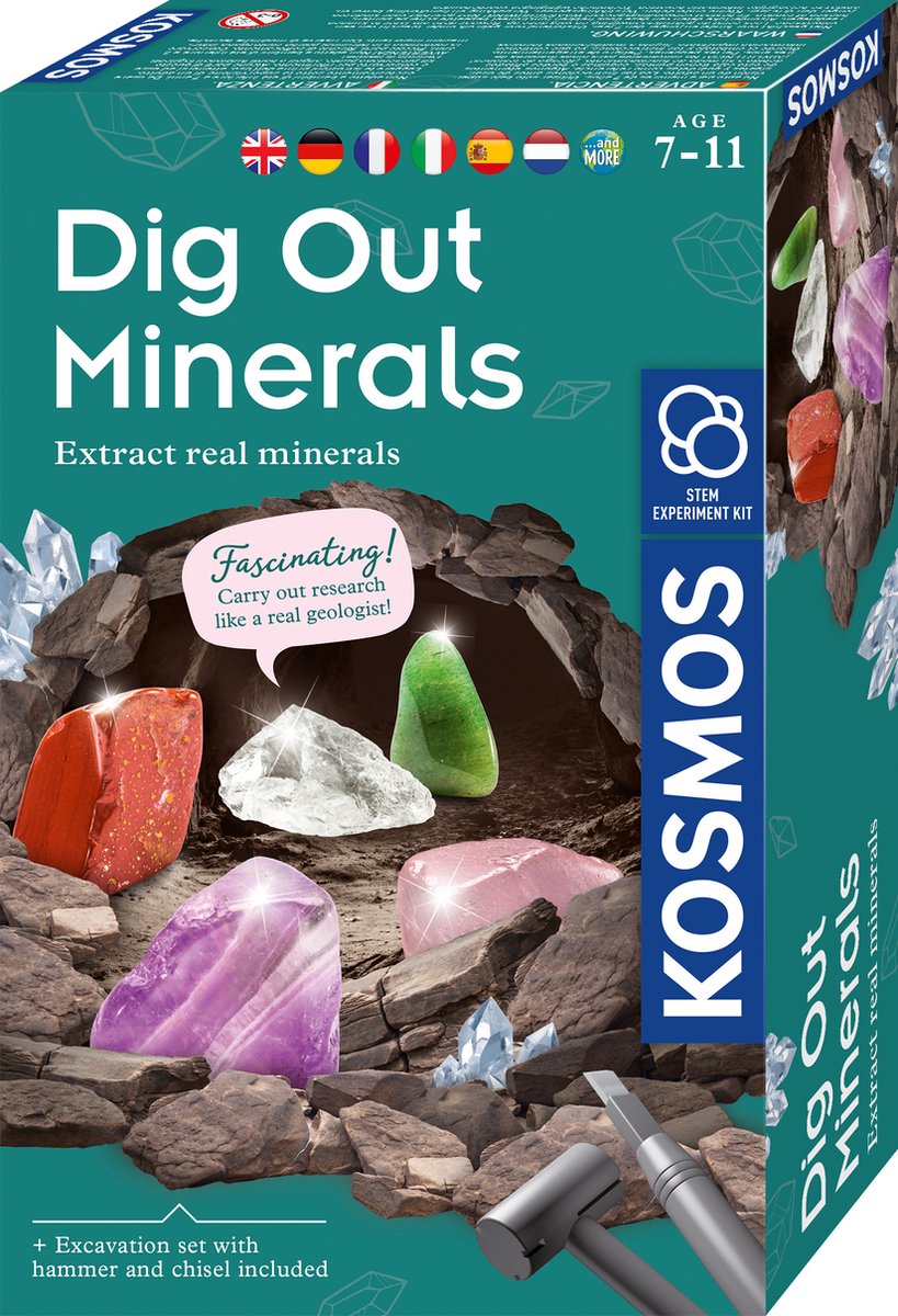 Cosmos creuse des minéraux – coffret d'expérimentation – déterrez des pierres précieuses colorées et découvrez le monde des minéraux – y compris le cristal de roche, le quartz rose, l'améthyste et plus encore – creusement de minéraux