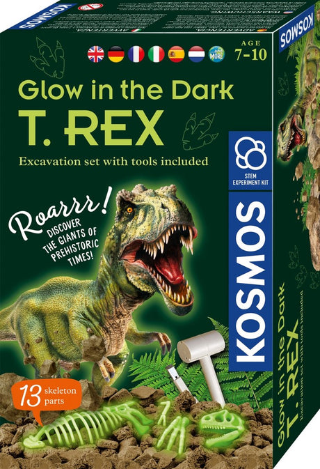 Cosmos déterre le T-Rex qui brille dans le noir – kit d'expérimentation – déterre un squelette préhistorique et le fait briller – comprenant 13 parties d'os, un marteau et un ciseau – déterre le T-Rex