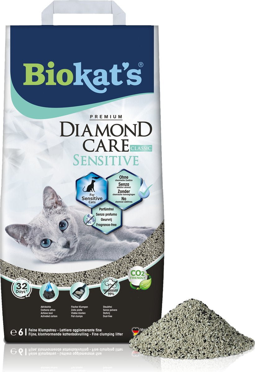 Biokat's Diamond Care Sensitive - 6 l - litière pour chat - agglomérante - sans odeur - charbon actif