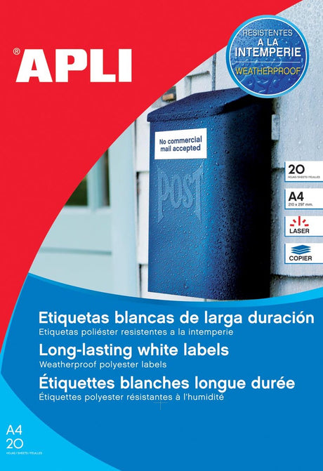 Etiquettes Apli résistantes aux intempéries format 210 x 297 mm (l x h) 20 pièces 1 par feuille carton de 20 feuilles