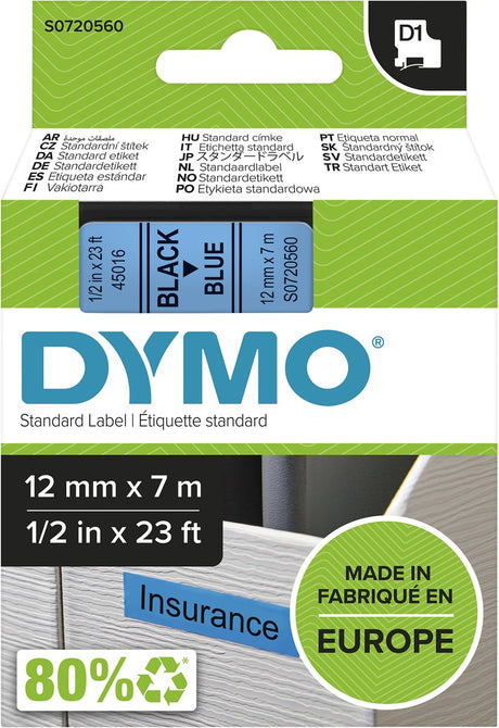 Étiquettes Dymo originales d1 | texte noir sur étiquette bleue | 12 mm x 7 m | étiquettes autocollantes pour l'imprimante d'étiquettes Label Manager | fabriqué en europe