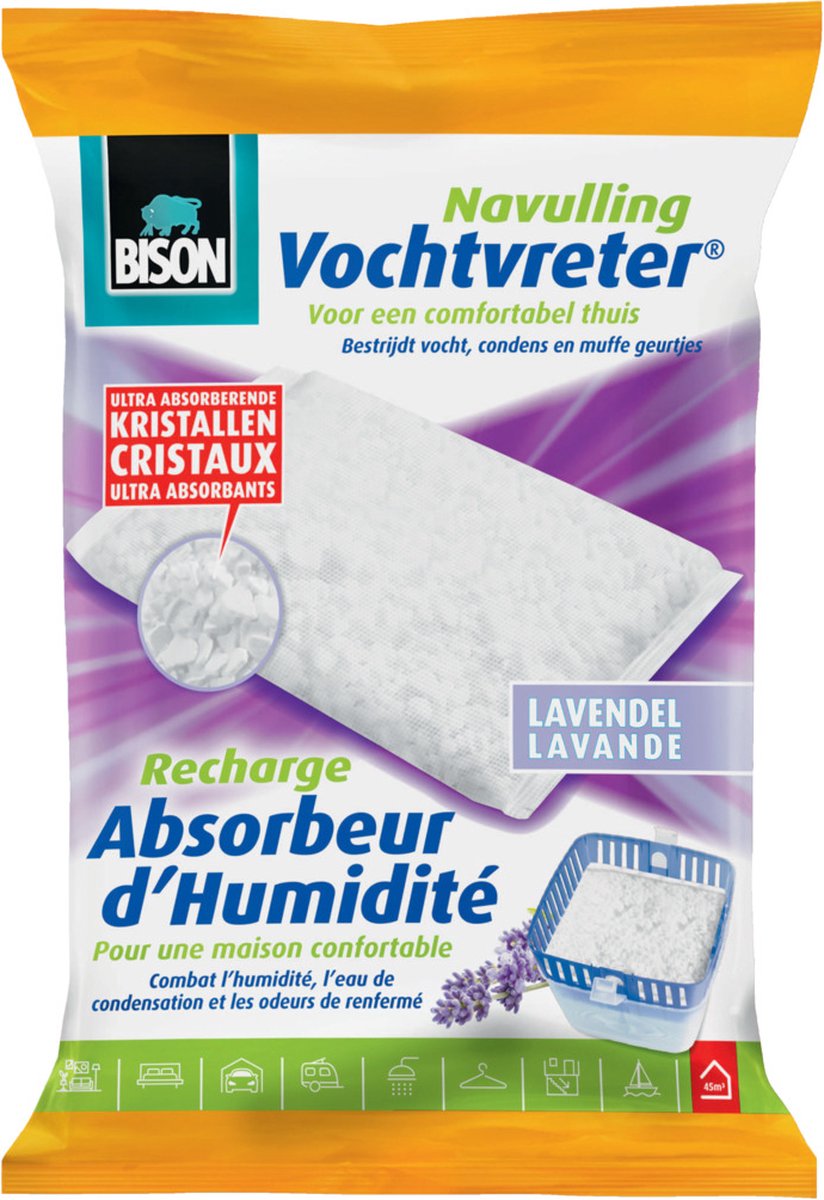 Bison Moisture Absorber® Sachet de recharge lavande 450 g, parfum lavande, convient pour Moisture Absorber®, lutte contre l'humidité élevée, aucune pile nécessaire, convient également aux caravanes et camping-cars