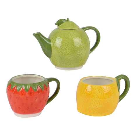 Decoris service à thé fruits dolomite 16,7x10,2x24cm théière avec 2 tasses orange citron vert fraise