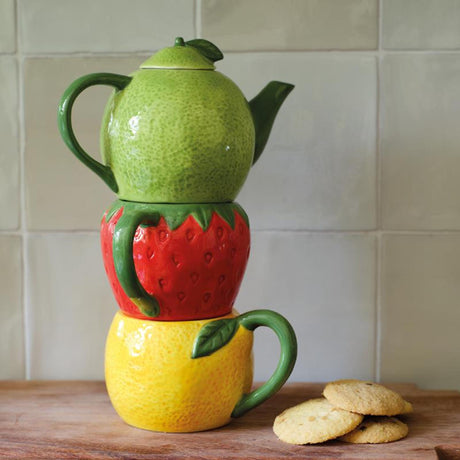 Decoris service à thé fruits dolomite 16,7x10,2x24cm théière avec 2 tasses orange citron vert fraise
