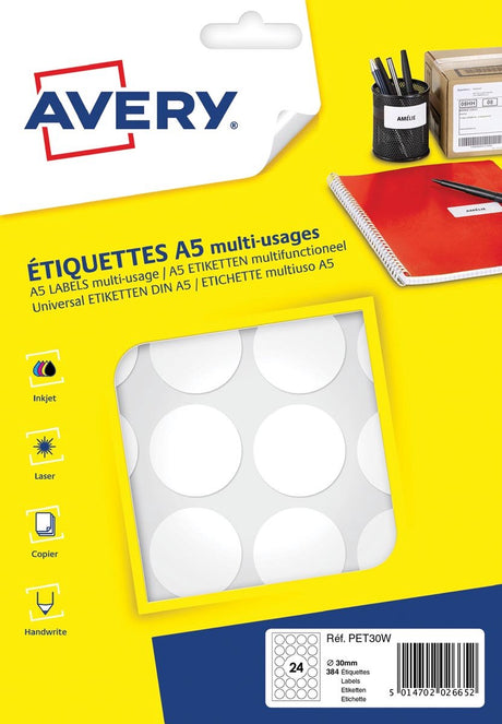 Avery étiquette a5 30mm ronde blister 240pcs blanc