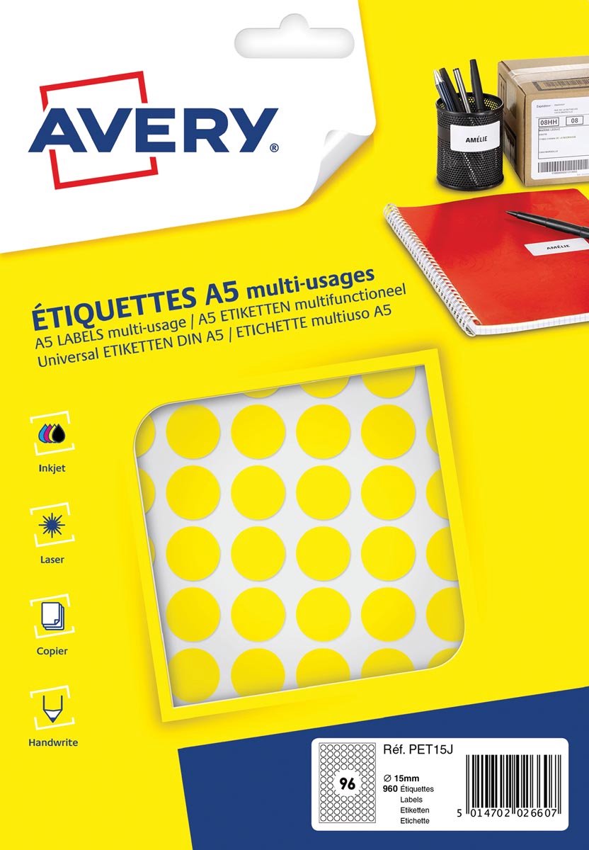 Avery étiquette a5 15mm blister rond 168pcs jaune
