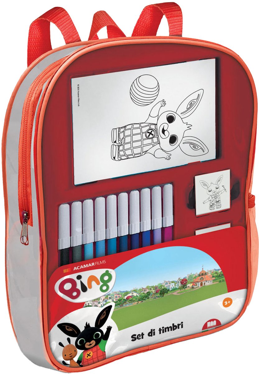 Sac à dos multiprint Bing avec timbres et stylos en feutre