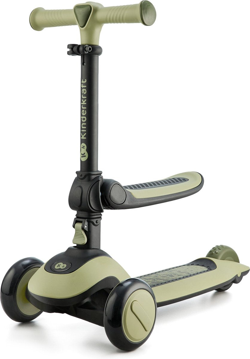 Kinderkraft Halley Draisienne et tricycle scooter 2 en 1 - pour enfants de 1 à 5 ans, max 50 kg - selle et guidon réglables, pliables, roues LED - vert