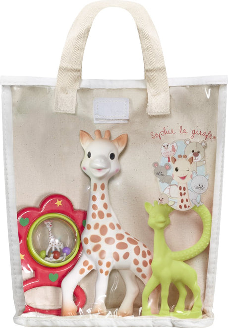 Coffret cadeau Sophie la girafe dans une pochette cadeau en coton - anneau de dentition hochet - cadeau maternité - cadeau baby shower - 4 pièces