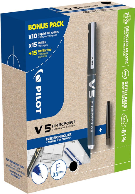 Pilot hi-tecpoint v5, 10 rouleaux + 30 recharges, fin, noir